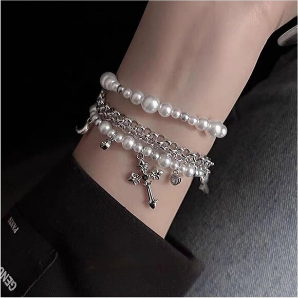 🆕 Women White Pearl Bracelet Layered Cross Fashion Simple Stylish Jewelry Gifts - Picture 3 of 6
